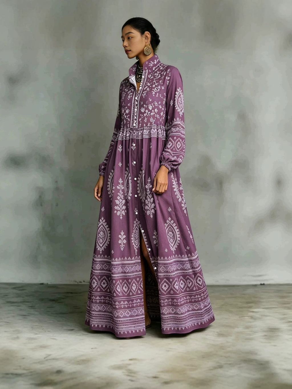 Bedrucktes Langarmkleid mit Seitentaschen im Boho-Stil