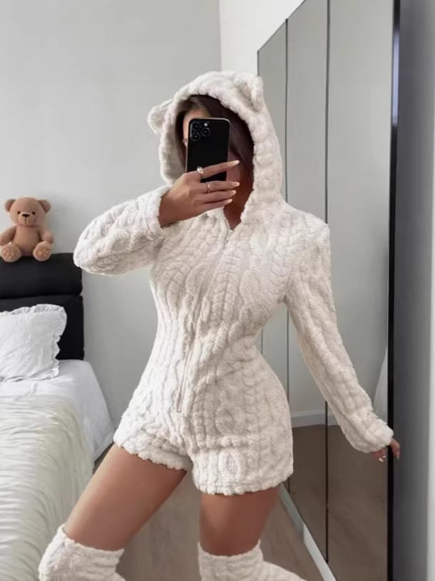 Damen Freizeit Einfarbiger Kapuzenpullover Langarm Plüsch-Jumpsuit