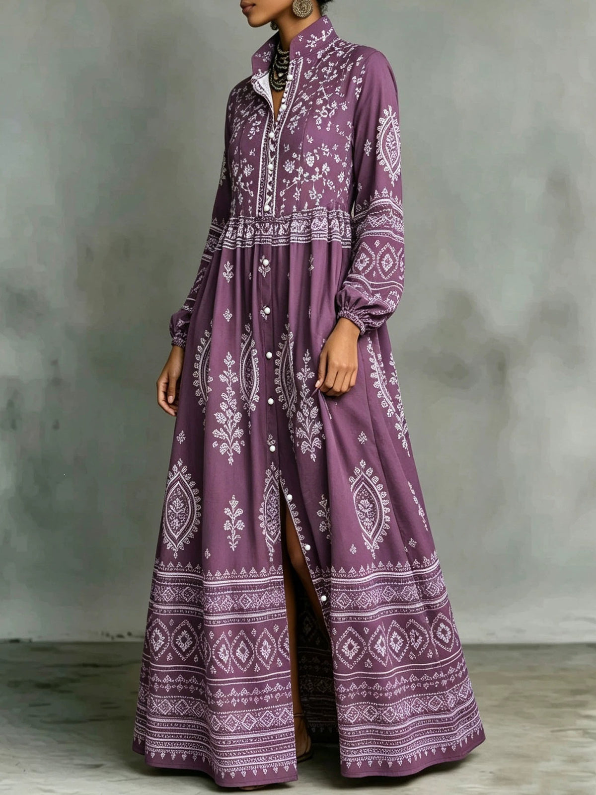 Bedrucktes Langarmkleid mit Seitentaschen im Boho-Stil