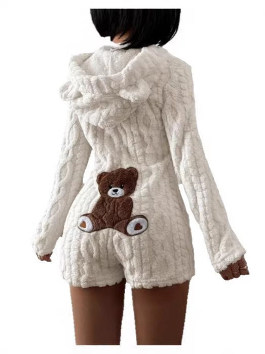 Damen Freizeit Einfarbiger Kapuzenpullover Langarm Plüsch-Jumpsuit