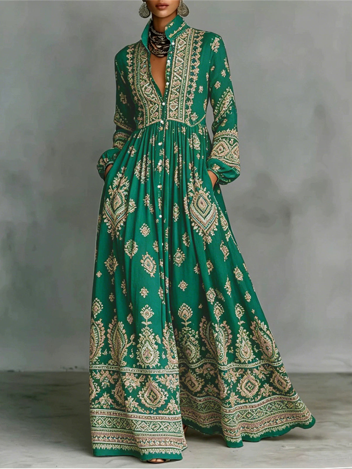 Bedrucktes Langarmkleid mit Seitentaschen im Boho-Stil