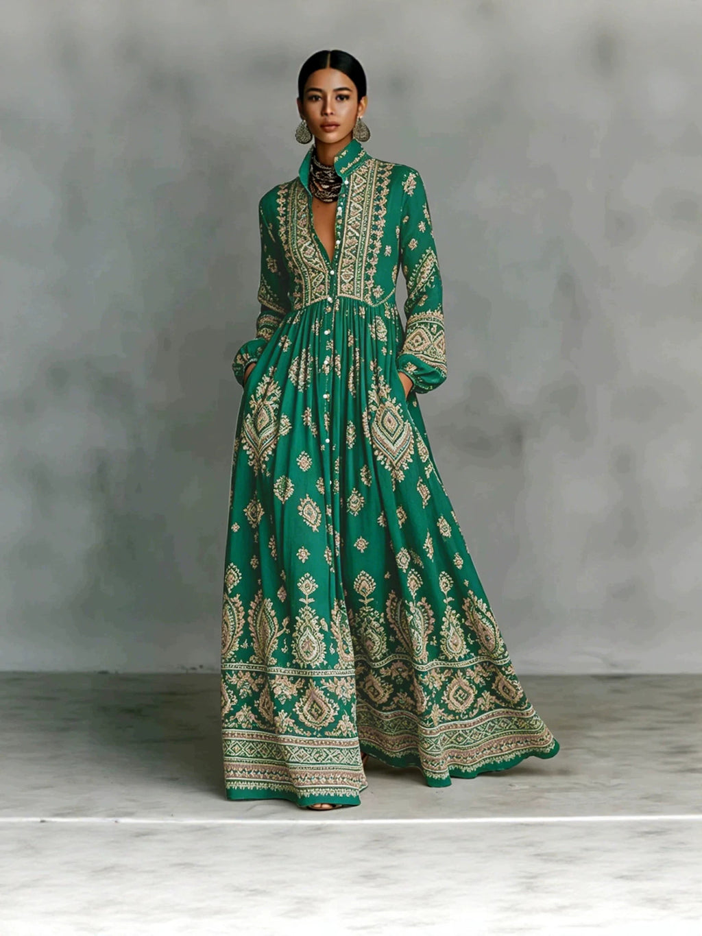 Bedrucktes Langarmkleid mit Seitentaschen im Boho-Stil