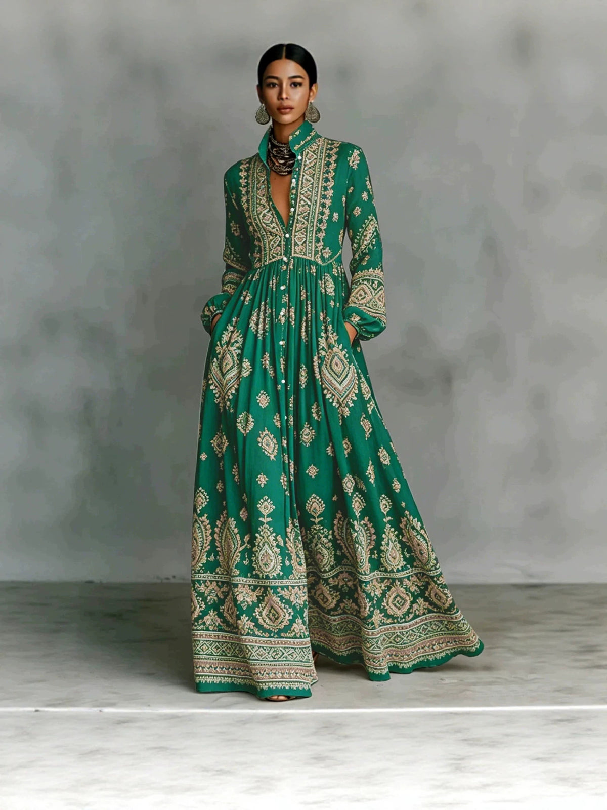 Bedrucktes Langarmkleid mit Seitentaschen im Boho-Stil