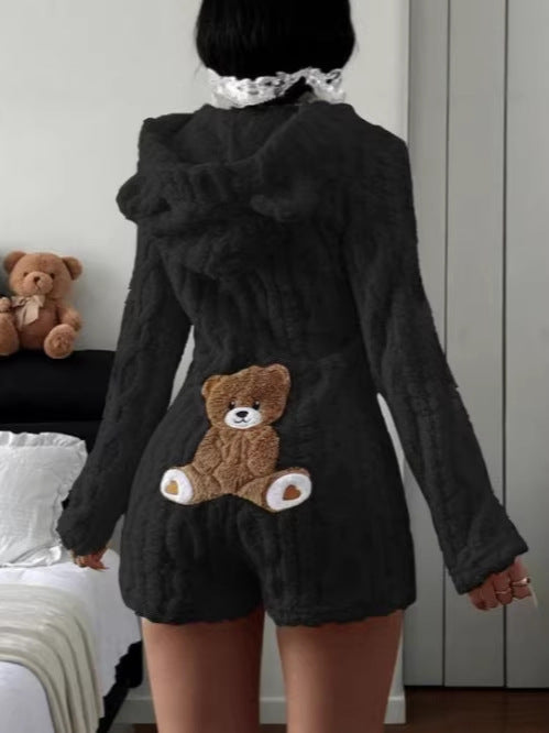Damen Freizeit Einfarbiger Kapuzenpullover Langarm Plüsch-Jumpsuit