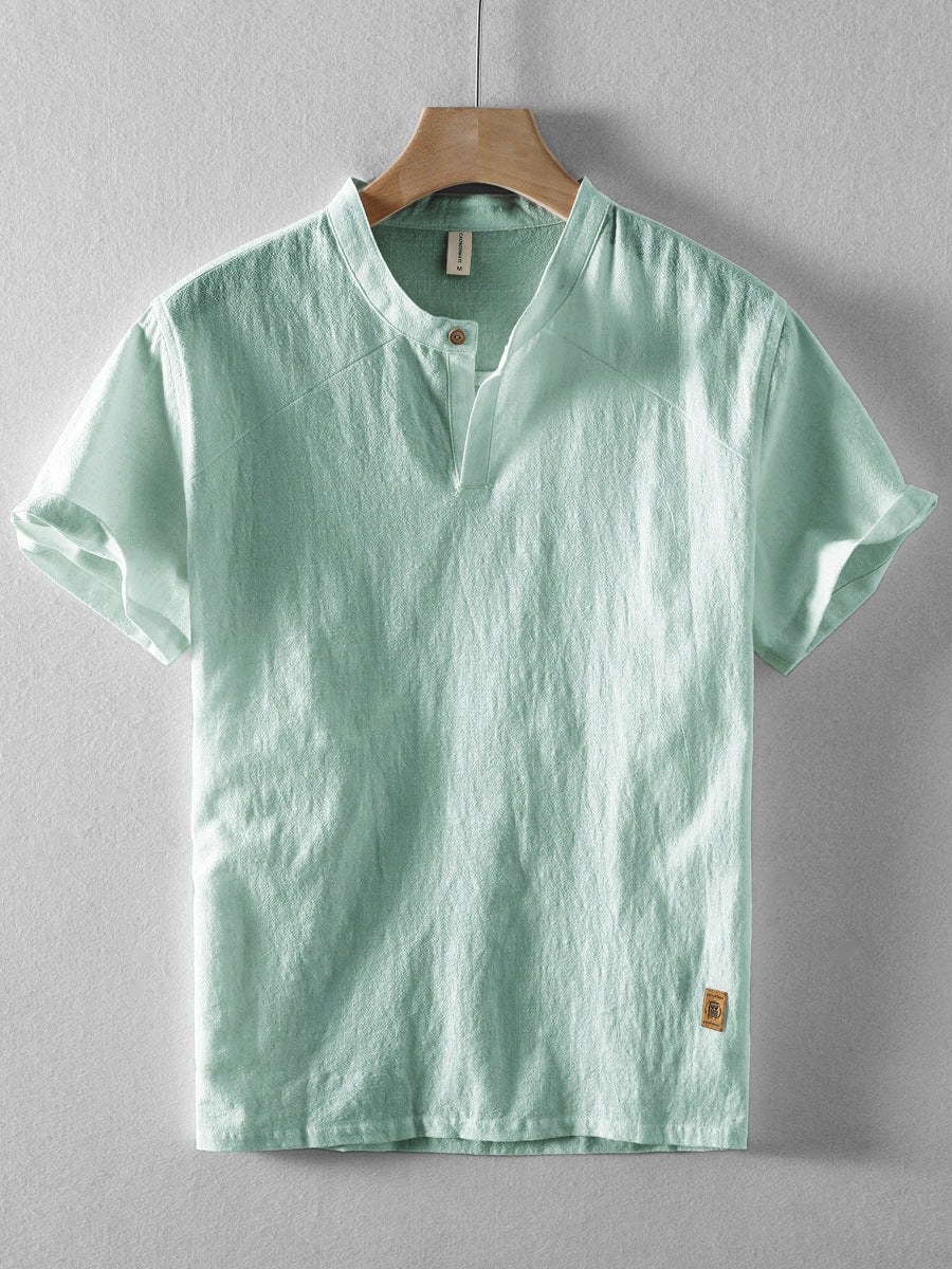 Men's Short-Sleeve Linen Stand Collar Shirt