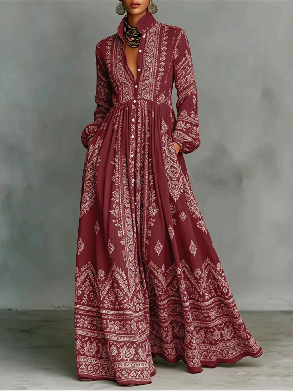 Bedrucktes Langarmkleid mit Seitentaschen im Boho-Stil