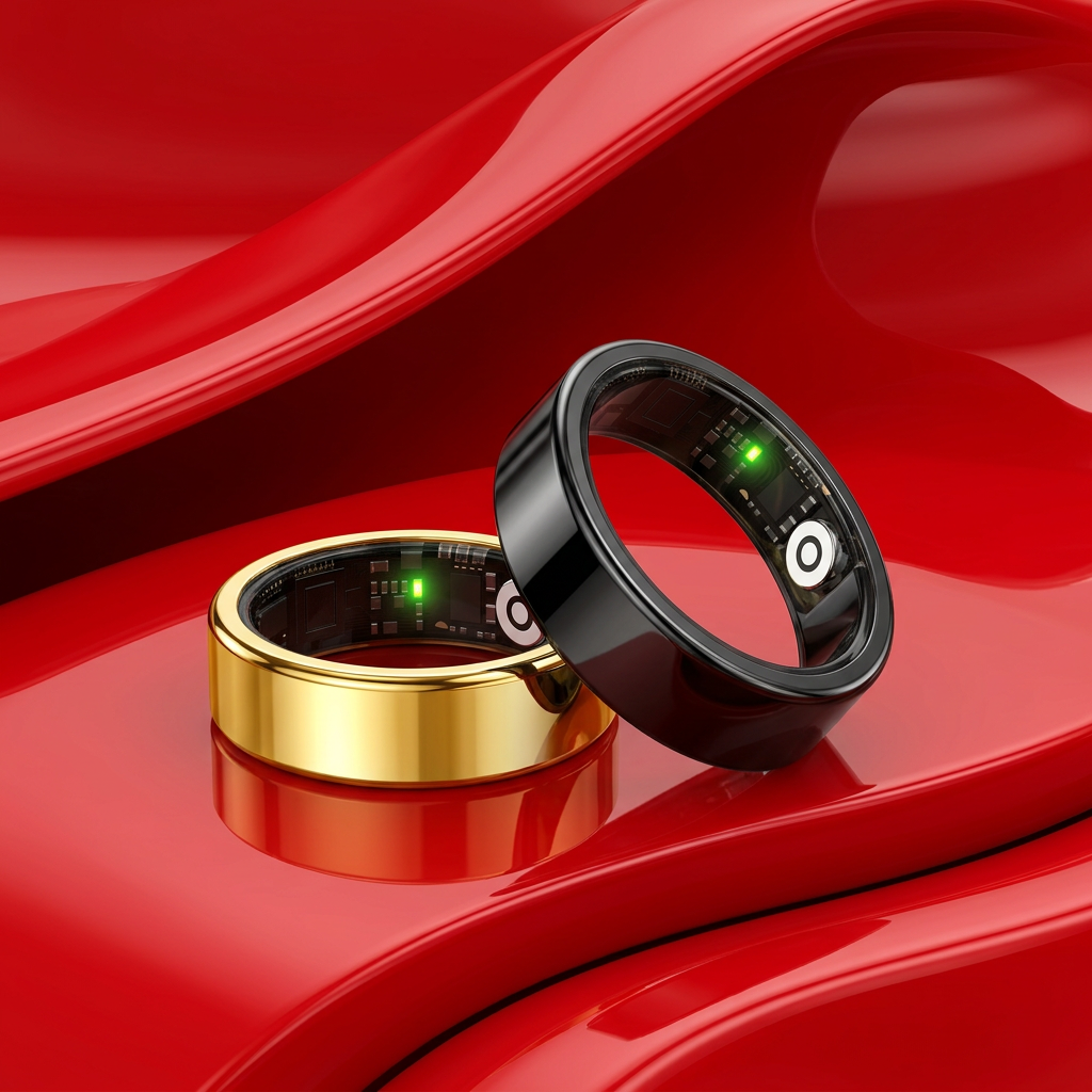 Anillos inteligentes sobre rojo brillante de estilo automotriz