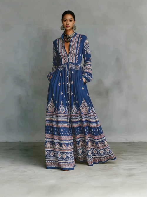 Bedrucktes Langarmkleid mit Seitentaschen im Boho-Stil