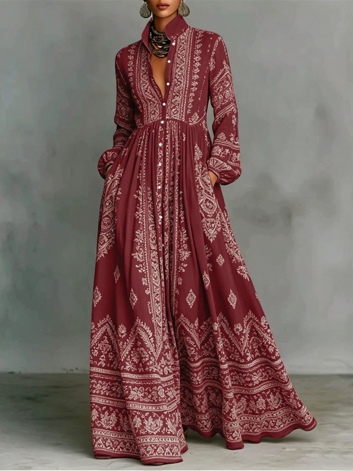 Bedrucktes Langarmkleid mit Seitentaschen im Boho-Stil