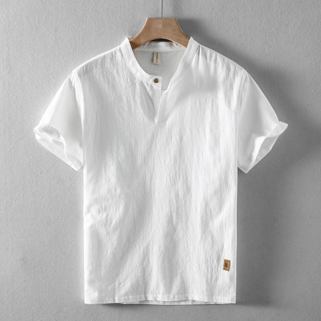 Men's Short-Sleeve Linen Stand Collar Shirt