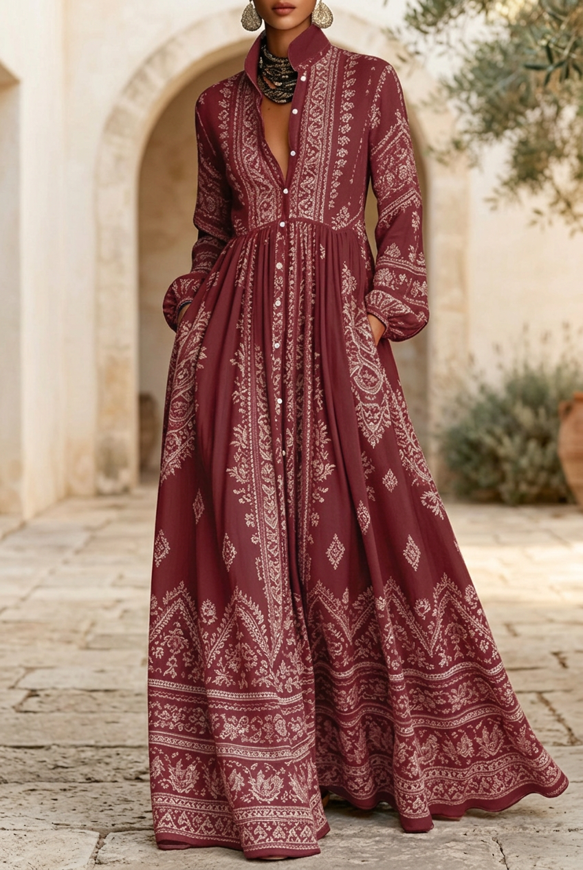 Vestido boho burdeos en un patio mediterráneo